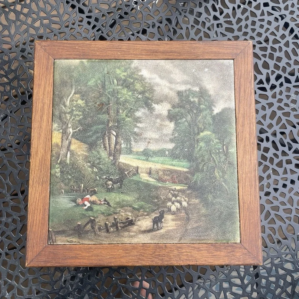 Vintage English Tile Pastoral Scene in Footed Wood Trivet